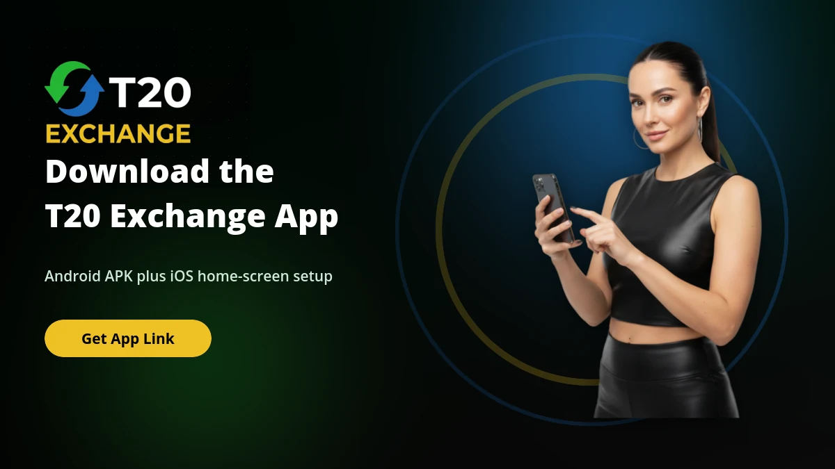 T20 Exchange app download screen for Android APK and iOS home-screen setup